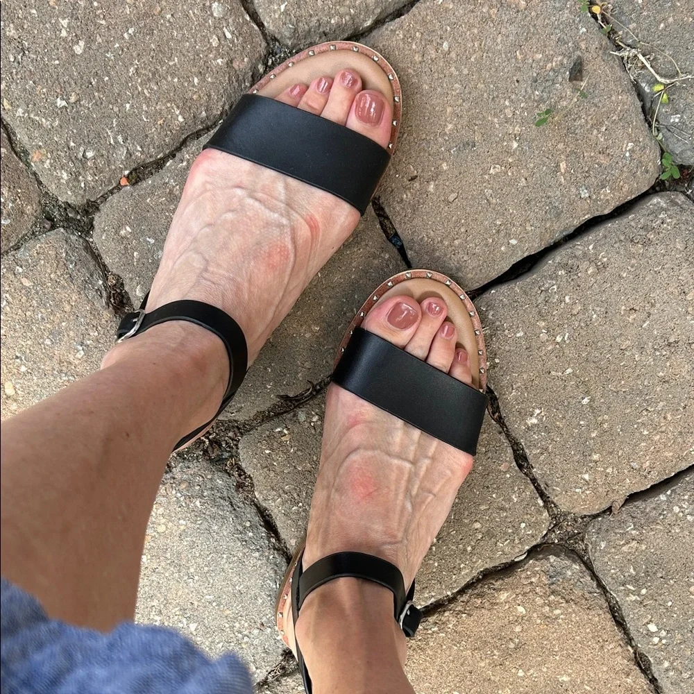 Steve Madden Black and Tan Studded Ankle Strap Sandals - Picture 3 of 4